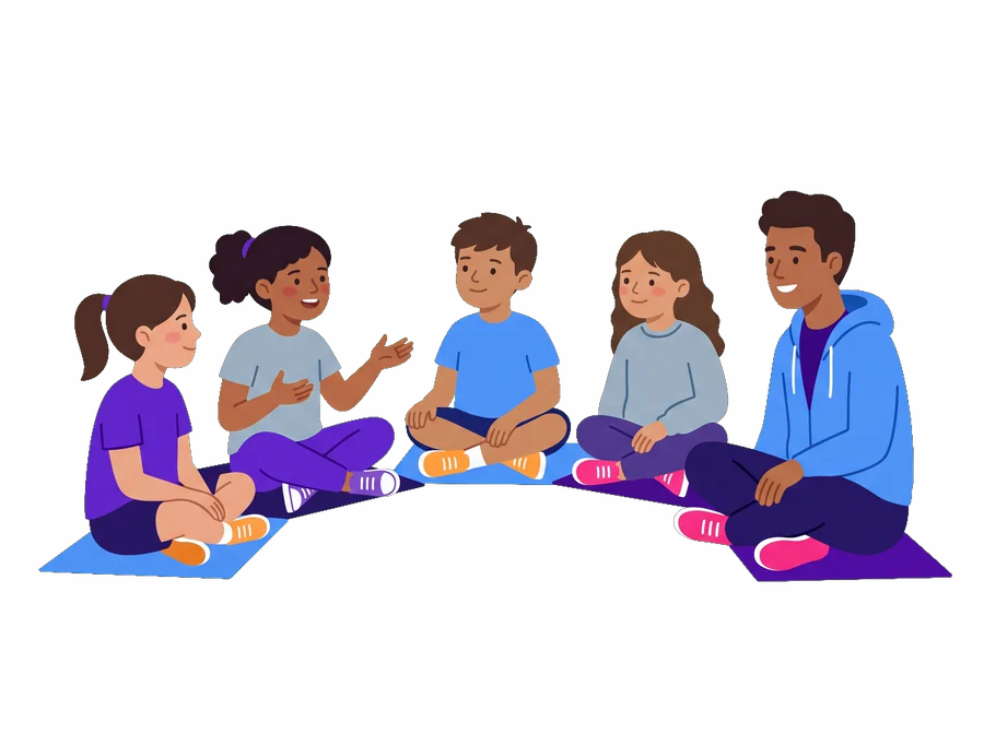 Illustration: Kinder sitzen im Kreis und hören einander zu (KI-generierte Illustration)